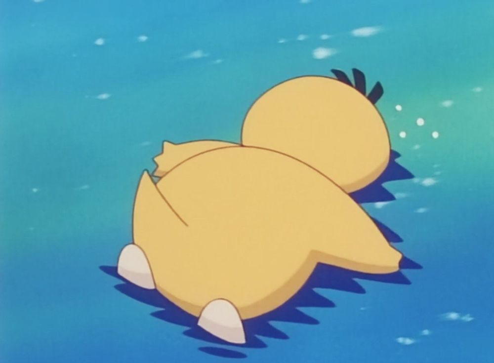 Screenshot of Psyduck laying face down in a pond of water in the Pokémon anime 