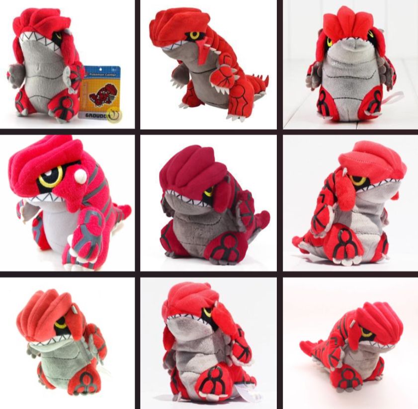 Image of a compilation of 9 different groudon plushes 
