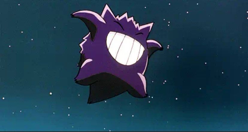 Screenshot of Gengar in the Pokémon anime floating in the mjght sky with a big smile on his face 