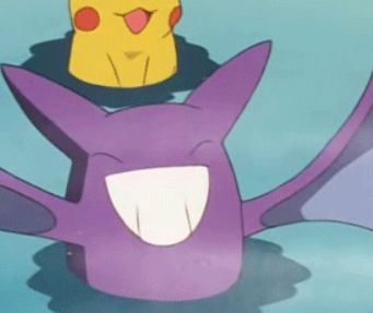 screenshot of a Crobat in a hot spring smiling in the Pokémon anime 