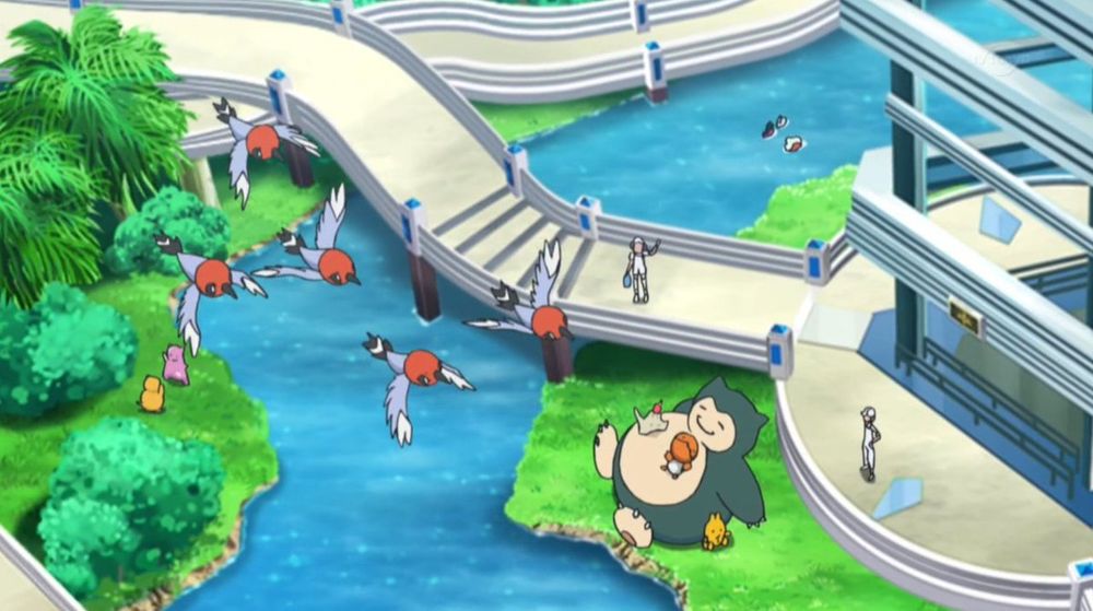 screenshot from the pokemon anime wherein pokemon are relaxing and flying around 