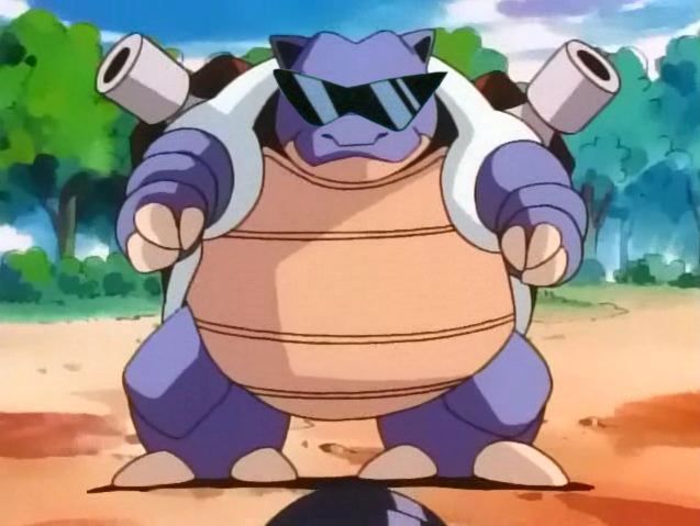 Screenshot of a Blastoise in the Pokémon anime with sunglasses on  