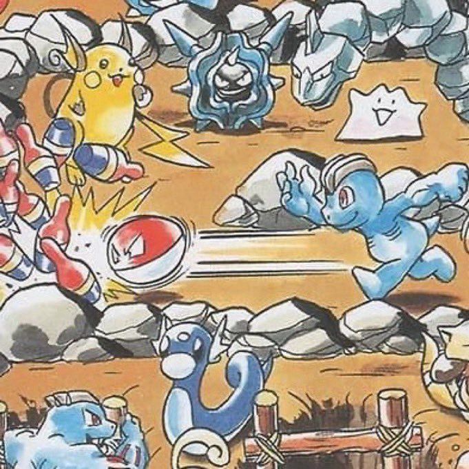 Screenshot of a Pokémon picture book showing a Machop using a voltorb as a bowling ball