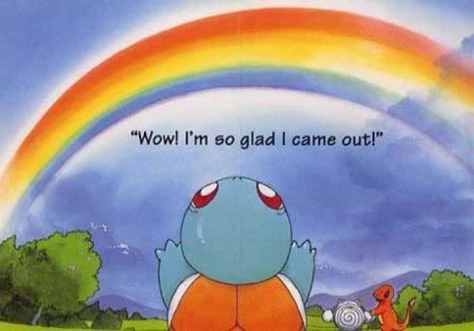 Photo of a Pokémon picture book showing a squirtle saying “Wow I’m so glad I came out!” 