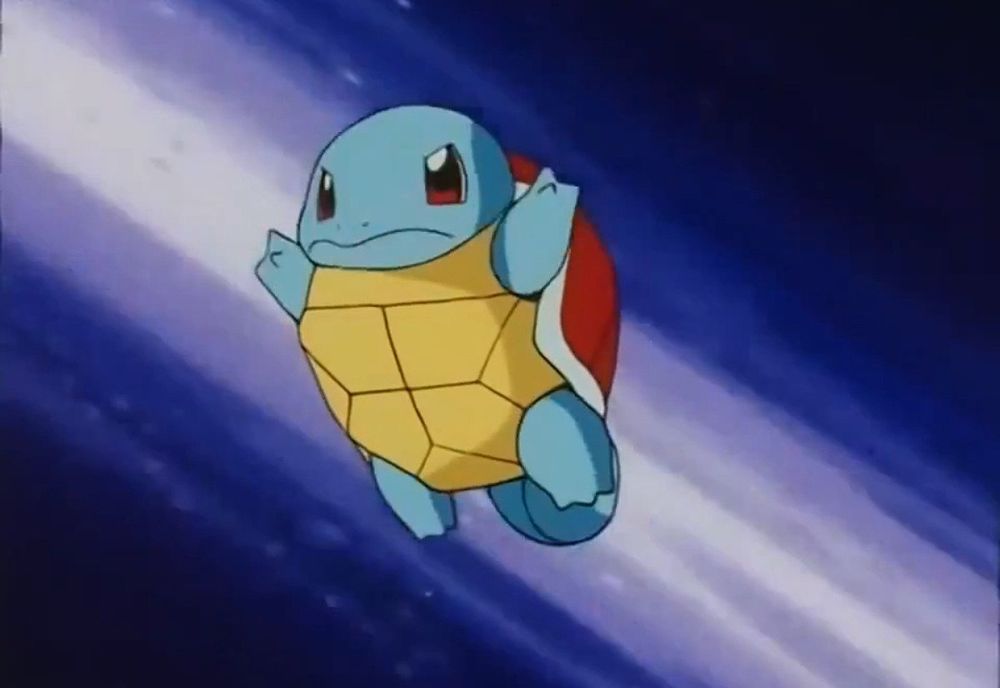 screenshot of a squirtle in the Pokémon anime in between frames of it putting its legs and arms back into its shell for a hydro pump attack showing it having little arms and legs  