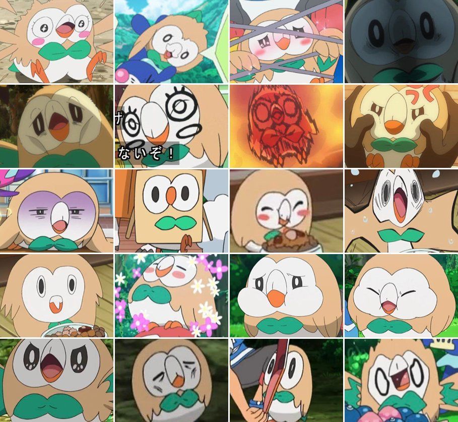 A photo showing a compilation of Rowlet doing different activities in the Pokémon sun and moon anime 
