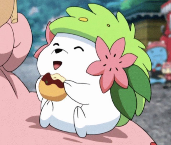 screenshot of shaymin eating a snack in the Pokémon anime 