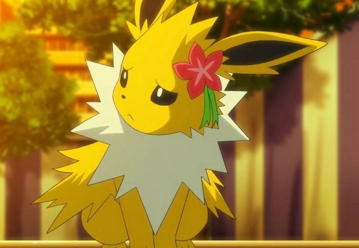 Screenshot of the Pokémon journeys anime showing a jolteon with a flower on its head sitting down looking sad 