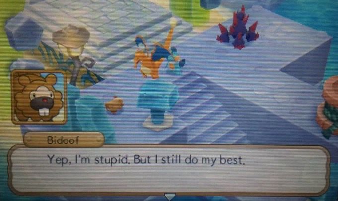 Screenshot of Pokémon super mystery dungeon in which Bidoof says “Yep, I’m stupid. But I still do my best.”