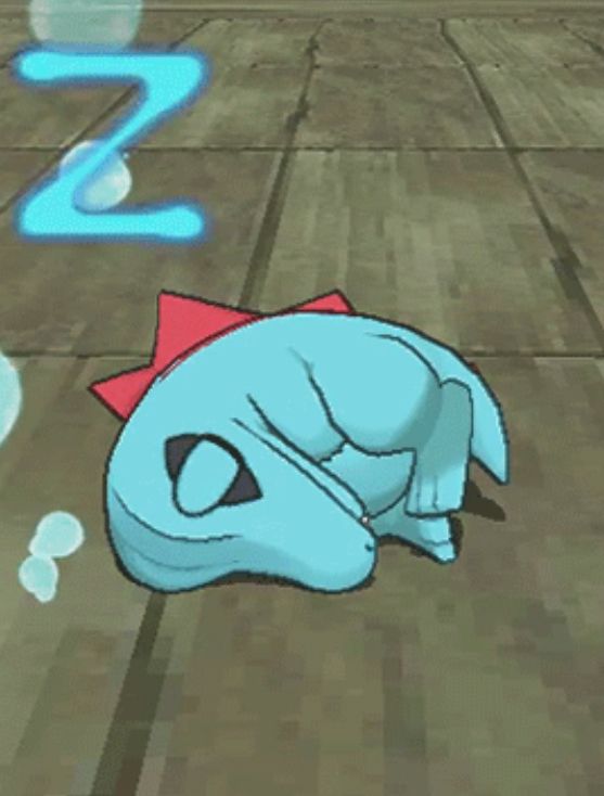 Screenshot of Pokémon amie in Pokémon X and Y showing Totodile curled up sleeping 