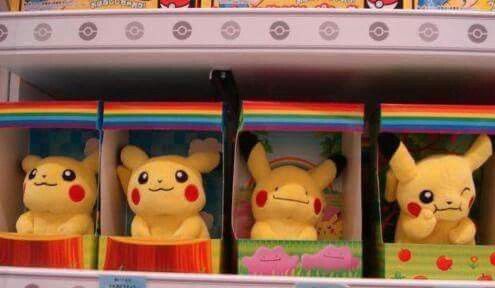 Picture of a 4 pikachu plushes but one is a ditto in disguise 