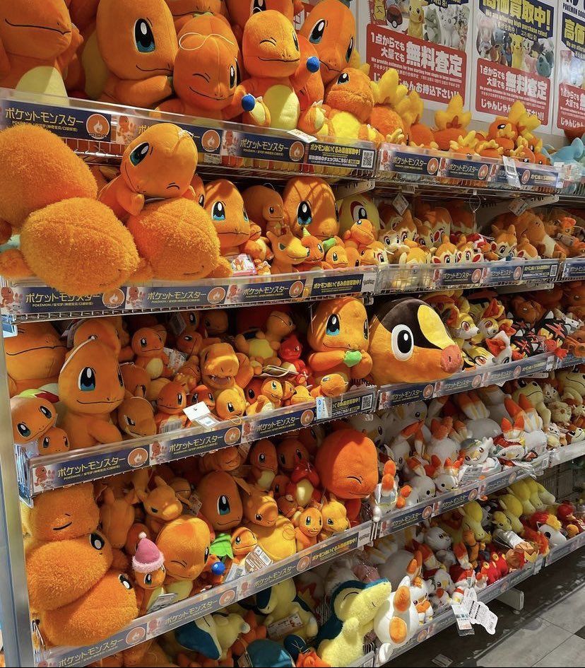 Photo of a bunch of fire type starter Pokémon plushes 