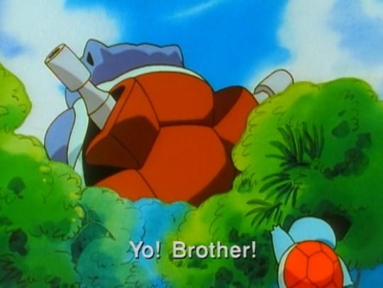 Squirtle yelling “Yo Brother” to a giant Blastoise in the pokemon anime.