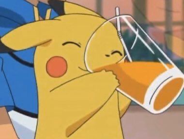 Screenshot of pikachu drinking juice in the Pokémon anime 
