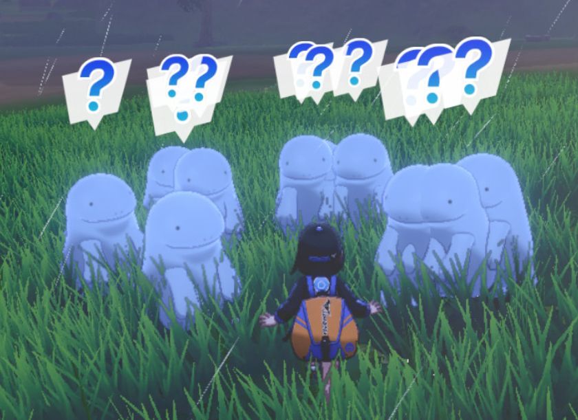 Screenshot of the main character in generation 8 encountering a group of quagsire in Pokémon sword and shield 
