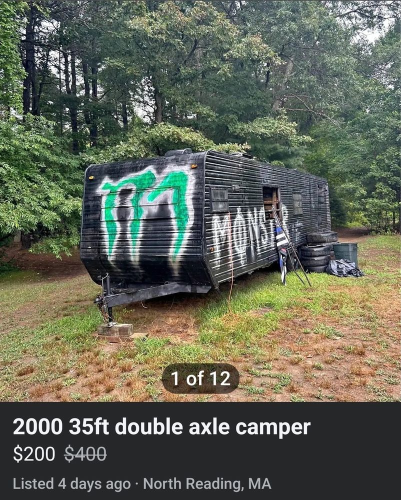 hand spray painted monster energy drink livery on a decrepit camper. $200, north reading MA