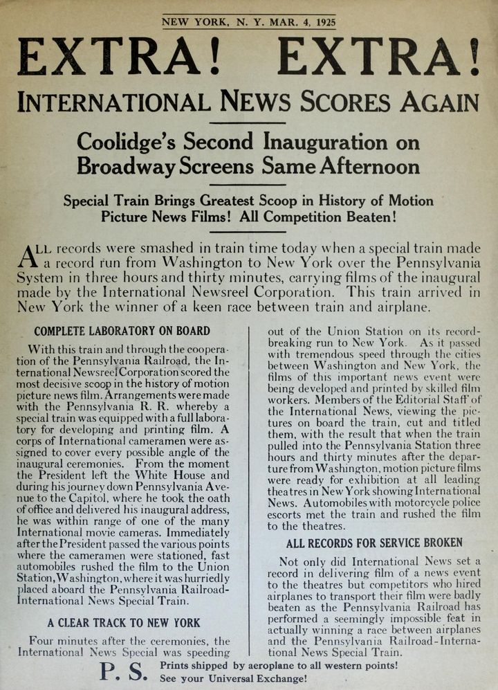 How International News got same-day Coolidge inaugural film to NYC movie theaters - on Wednesday, March 4, 1925. 