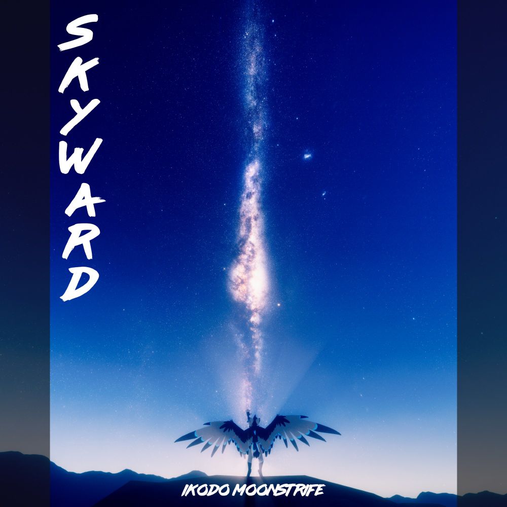Cover art for Ikodo's 2025 music album "Skyward", showing a winged Ikodo reaching for a stunning starry night sky.