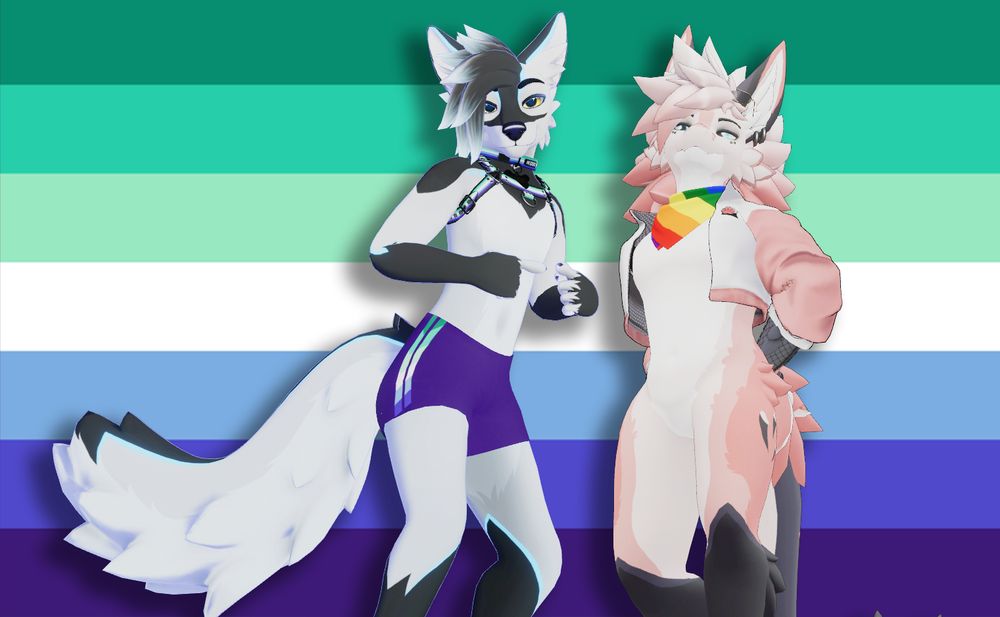Ikodo and Ghost posing in front of the MLM flag and showing off their LGBTQIA+ colors for pride
