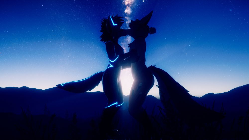 Ikodo and Ghost sharing an intimate moment beneath the beauty of a clear and starry night sky