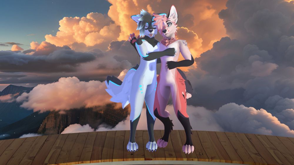 Ghost and Ikodo smiling for the camera while enjoying the sunset from the top deck of a balloon in VRChat