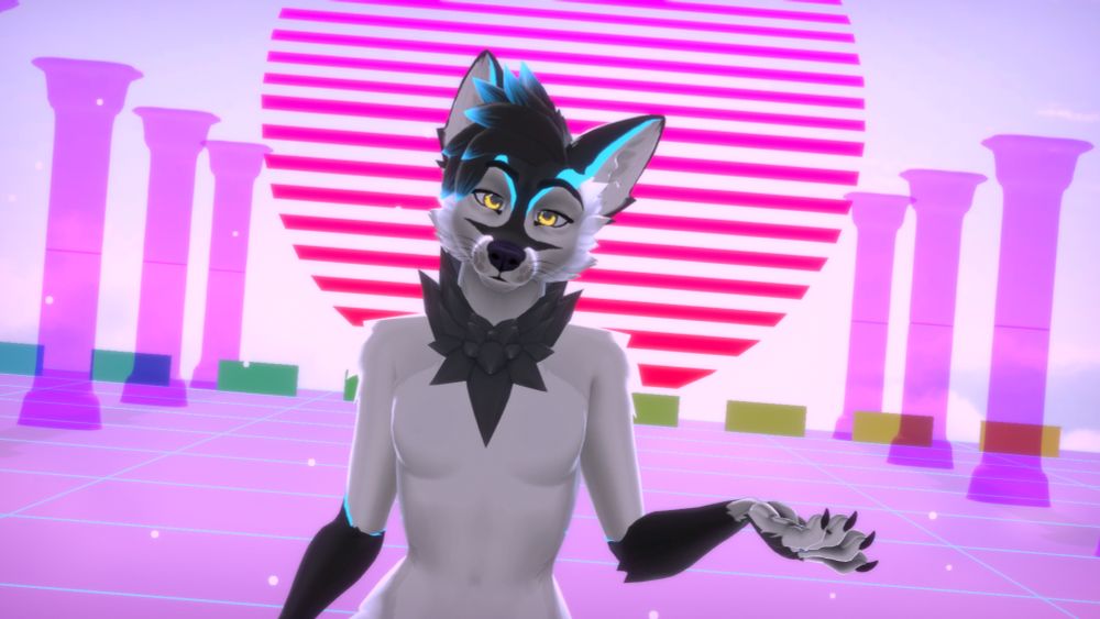 Ikodo posing against a vibrantly colored Vaporwave-style background