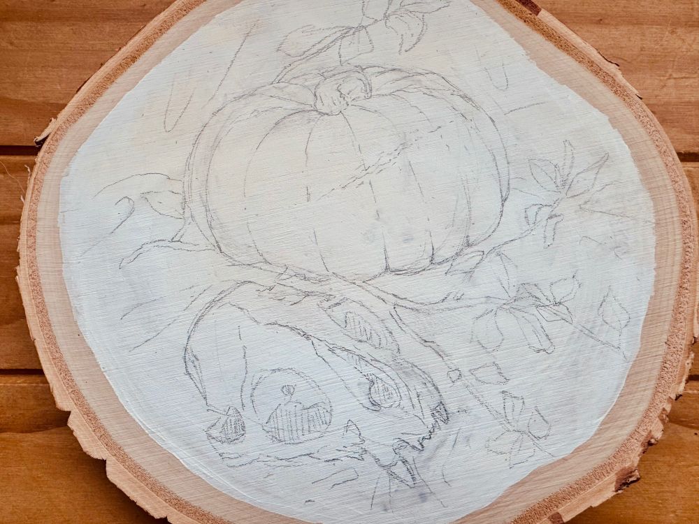 A circular slice of wood with raw bark edges has been primed with white gesso paint. On top of this is a rough pencil sketch of composition including an animal skull, a large pumpkin and leafy foliage. 