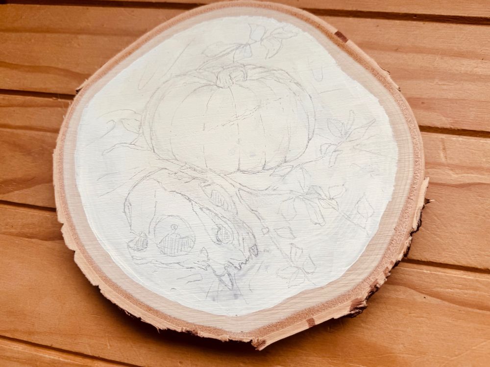 A circular slice of wood with raw bark edges has been primed with white gesso paint. On top of this is a rough pencil sketch of composition including an animal skull, a large pumpkin and leafy foliage. 