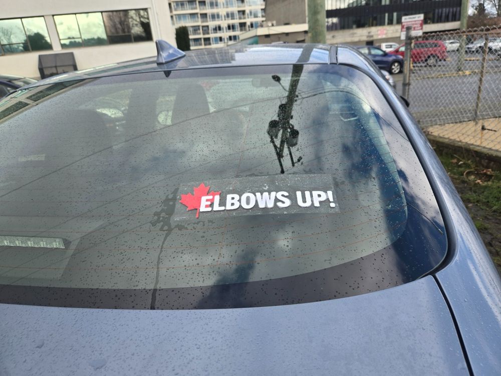 Elbows Up sticker on car