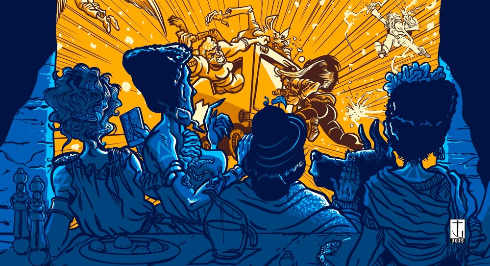 A group of women lean on a bar counter watching chaos unfold in the street in front of them 