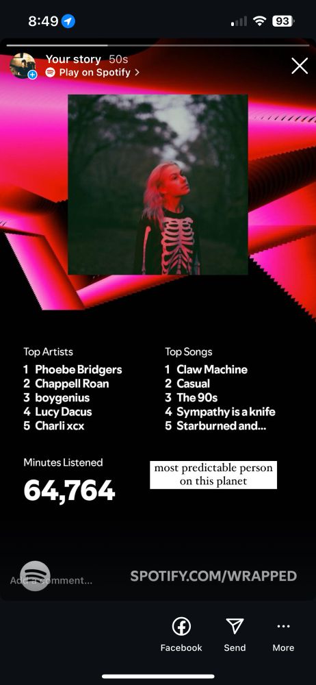 A Spotify wraped page showing

Top Artists -
Phoebe Bridgers
Chapell Roan
Boygenius
Lucy Dacus
Charli XCX

Top Songs -
Claw Machine
Casual
The 90s
Sympathy is a Knife
Starburned and Unkissed

64, 764 minutes listened.