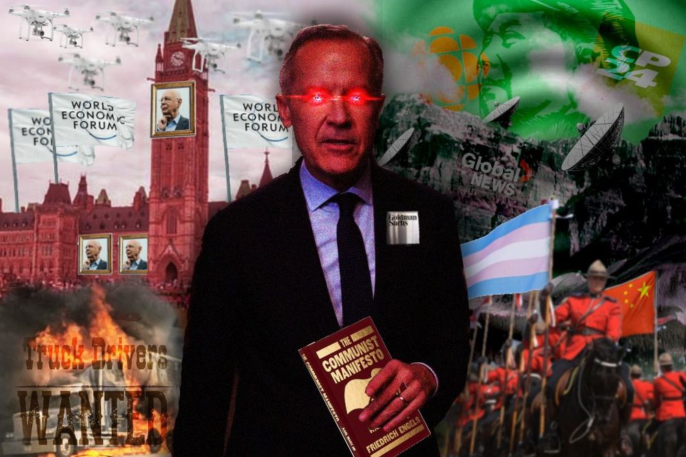 A Mark Carney meme depicting him surrounded by a bunch of stuff conservatives associate with him, including World Economic Forum flags, Trans flags, the Chinese flag, etc. 