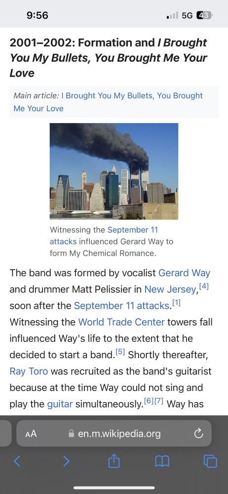 The “Formation” section of My Chemical Romance’s wikipedia which begins with a ground level photo of the 9/11 attacks.