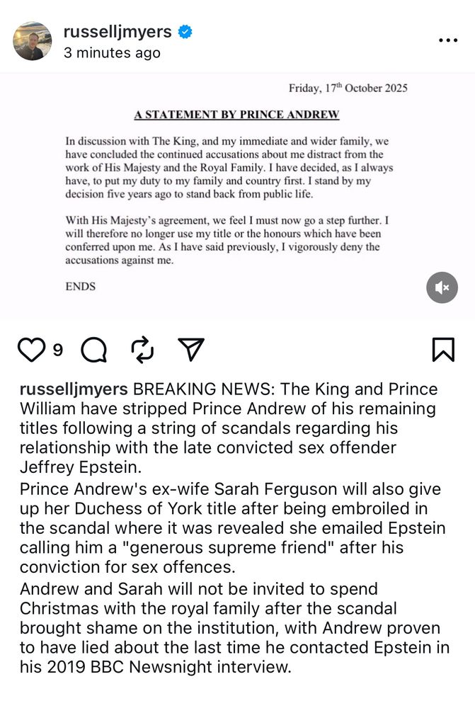 A press statement noting that Prince Andrew has been stripped of his titles 