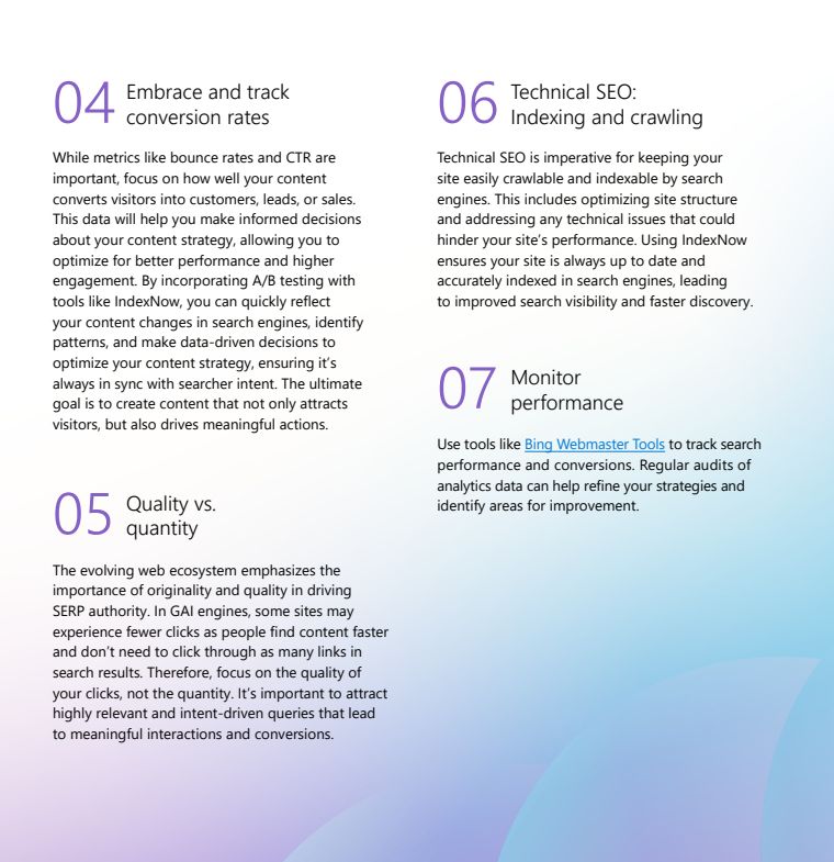Embrace and track conversion rates, quality vs quantity, technical SEO, and monitor performance.