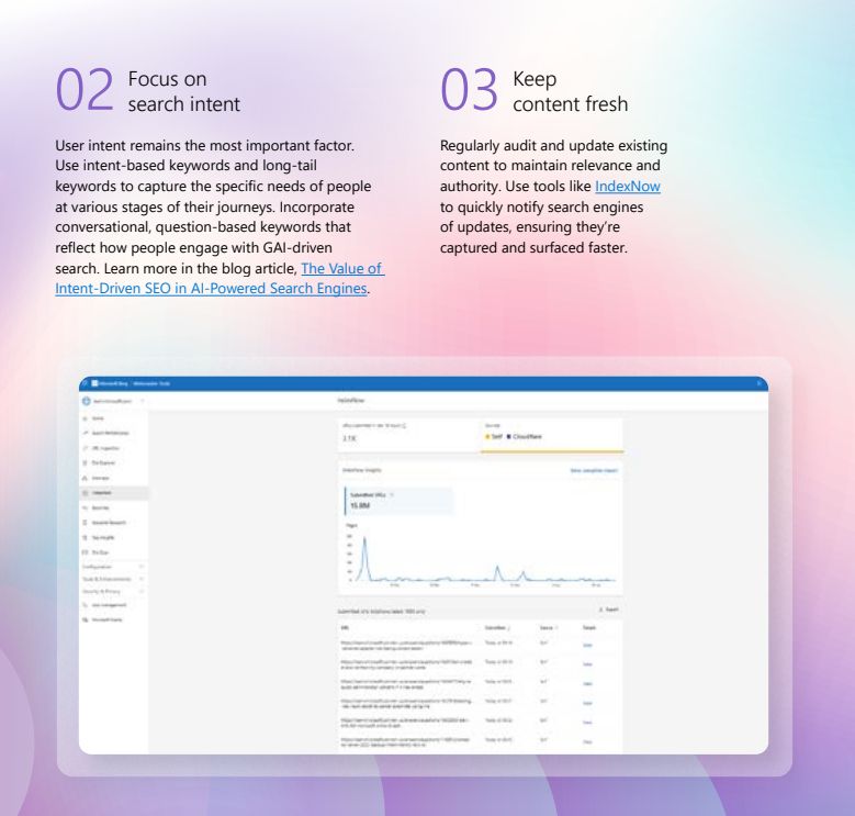 Focus on search intent and keep content fresh.