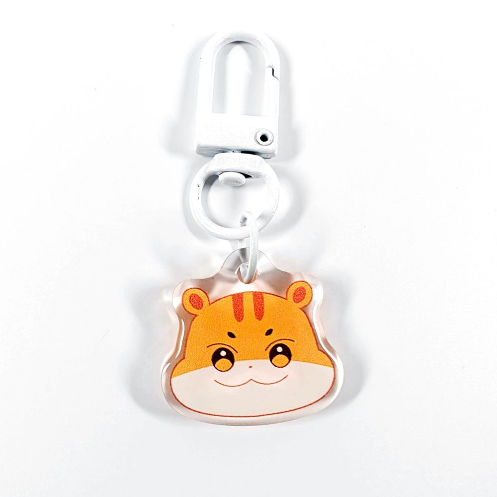 A picture of an acrylic keychain of Hongjoong's Aniteez animal from the K-Pop group ATEEZ. It's the head of the squirell smiling like his original design. The rim of the keychain is clear. It has a white clasp.