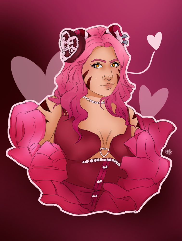 A bust drawing of the content creator MoonzyCat inspired by one of the pictures from their 2025 Valentine's Day photoshoot. It pictures them with added ears and stripes from their VTuber model. The drawing is on a background with different shades of contrasting pink and hearts.