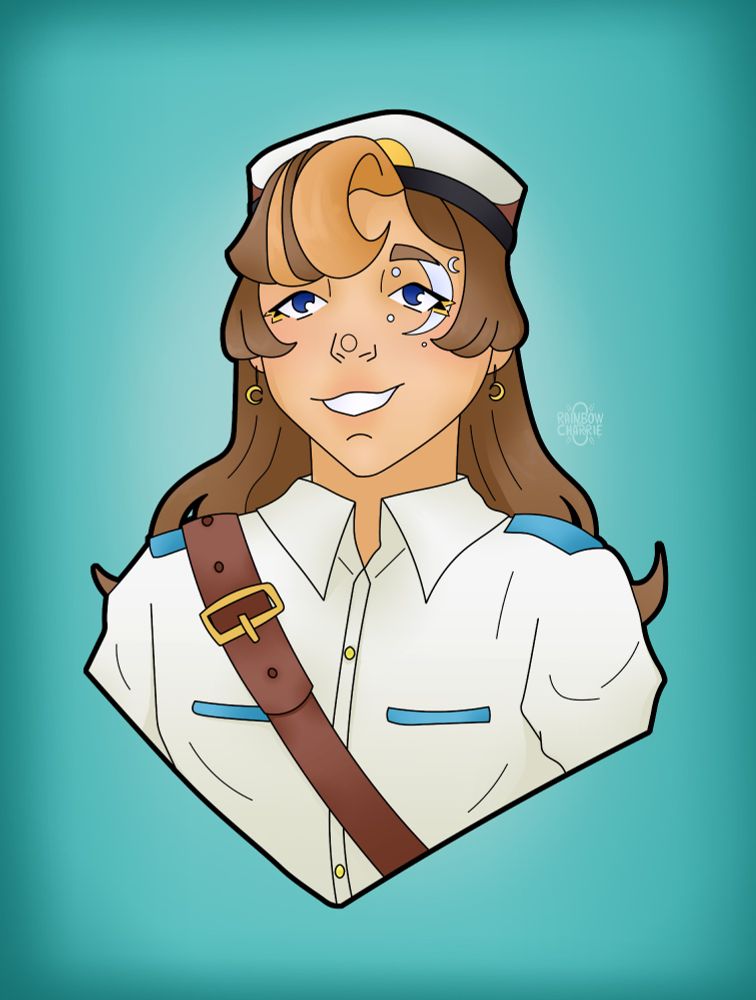 A portrait illustration of PearlescentMoon from the Hermitcraft season 10 series. She is wearing her postal outfit. She is on a teal background.