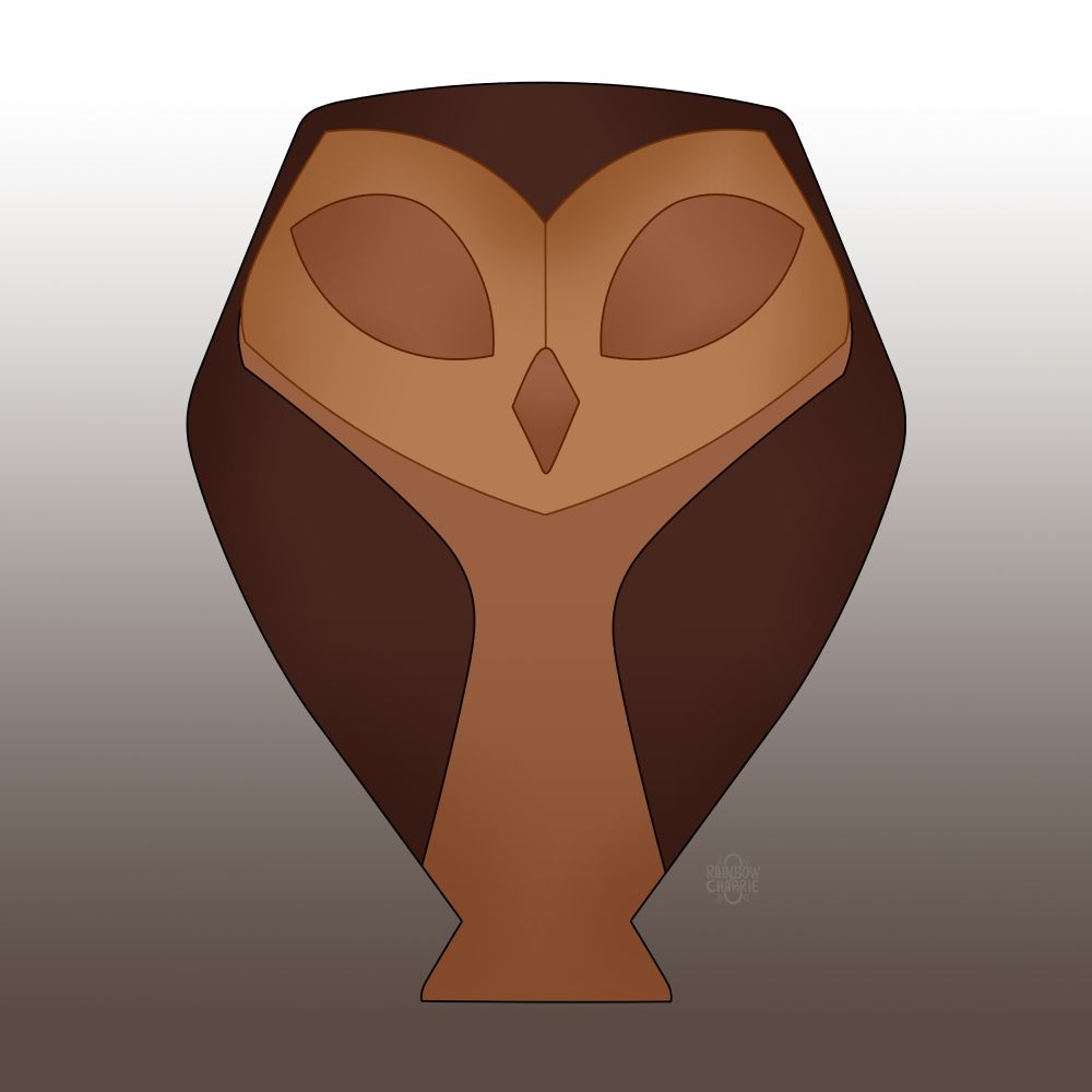 A digital drawing of Owlbert from the animated series Owl House, in his asleep staff form. You can see him from the front, on a background that goes from brown at the bottom to white at the top.