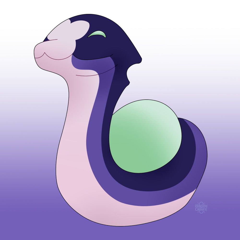 A digital drawing of Stringbean from the animated series Owl House, in her asleep staff form. You can see her from a quarter view, on a background that goes from purple at the bottom to white at the top.