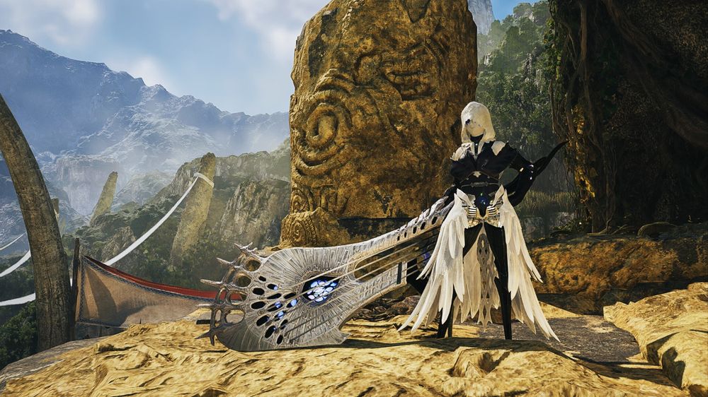 A hunter wearing the zoh shia helmet, gloves, and waist with the hirabami chestplate and the artian greaves. The hunter is holding the zoh shia hunting horn