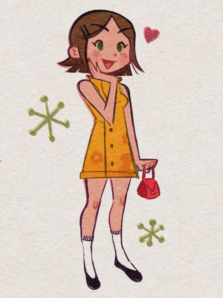 A 60s inspired illustration of a girl standing with one hand on her cheek. She is smiling enthusiastically. She has short brown hair, and she is wearing a sleeveless orange dress with a faint flower pattern.