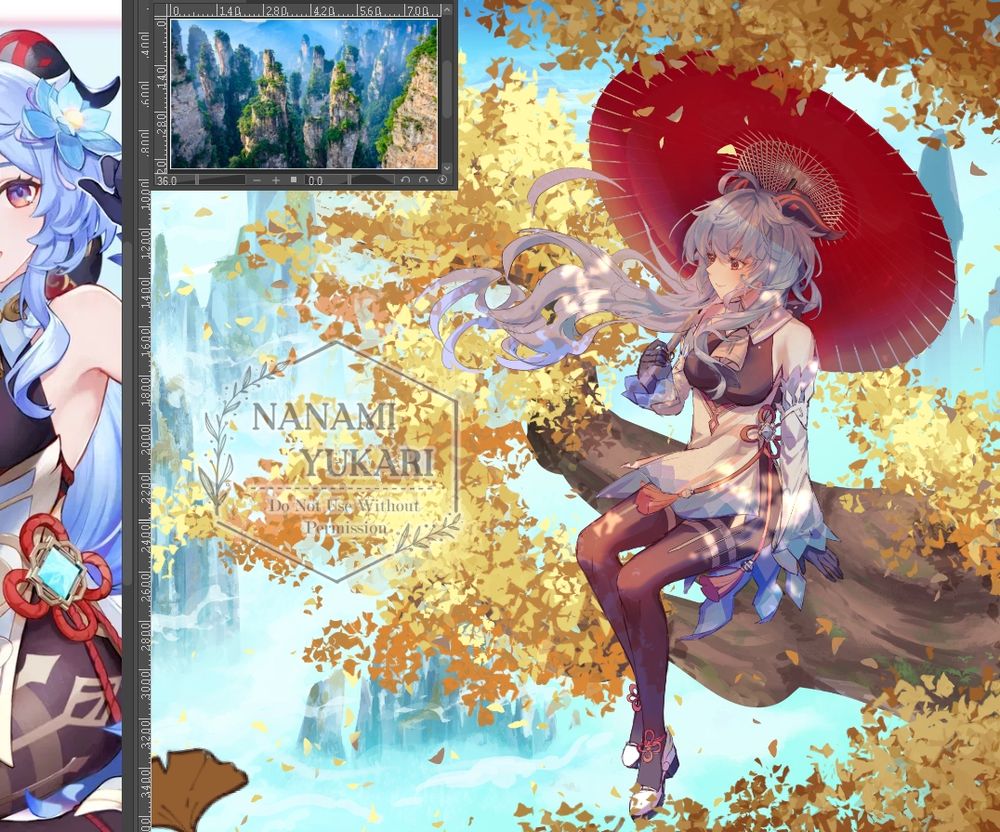 Work in progress of Ganyu from Genshin Impact sitting on a branch of a Ginkgo tree overlooking Liyue