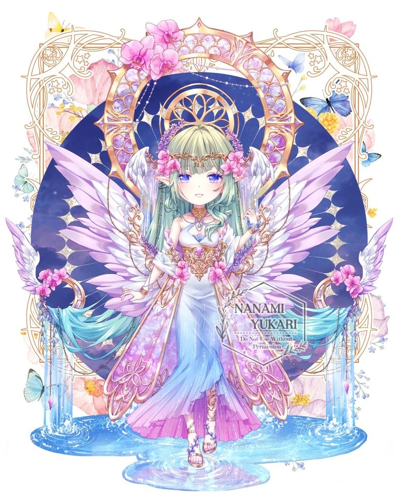 Character design concept of Aquarius. A girl with pink/white wings is standing. Her green hair morphs into water.