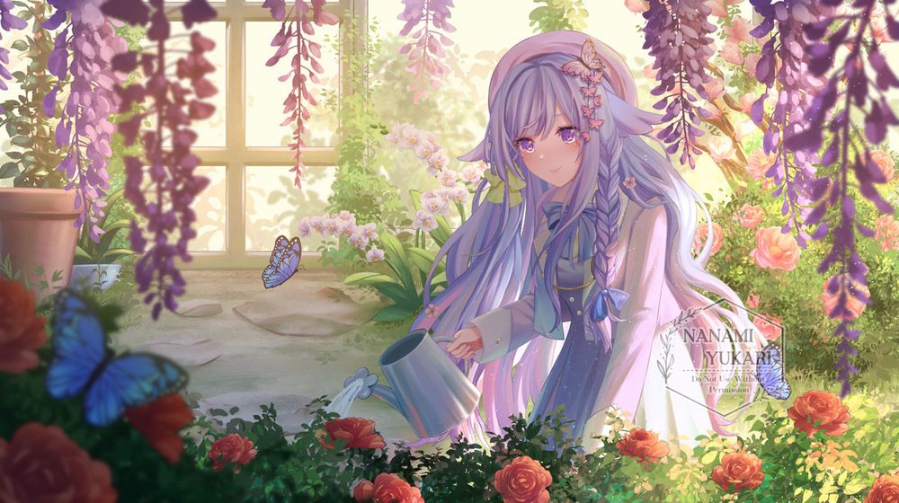 A girl is watering plants in a greenhouse. She is surrounded by wisterias, roses, and butterflies
