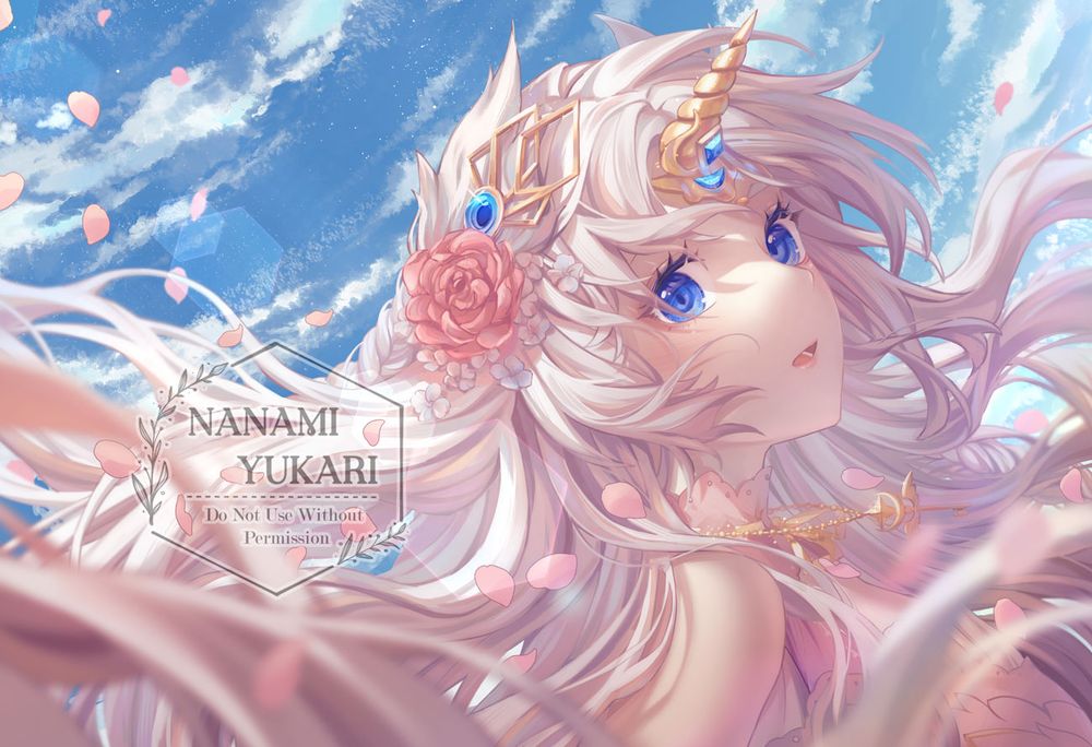 Original character Seraphina looking at the viewer as her long hair and flower petals flow in the wind.