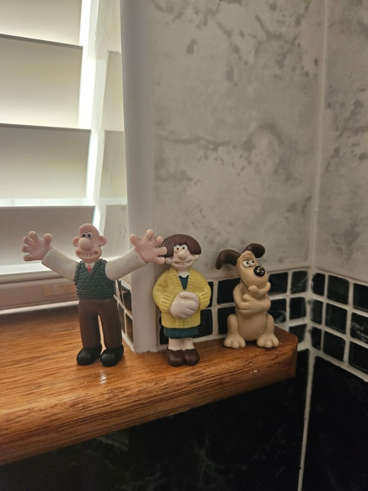 Wallace, Gromit and Wendolene Roy's on a wooden windowsill