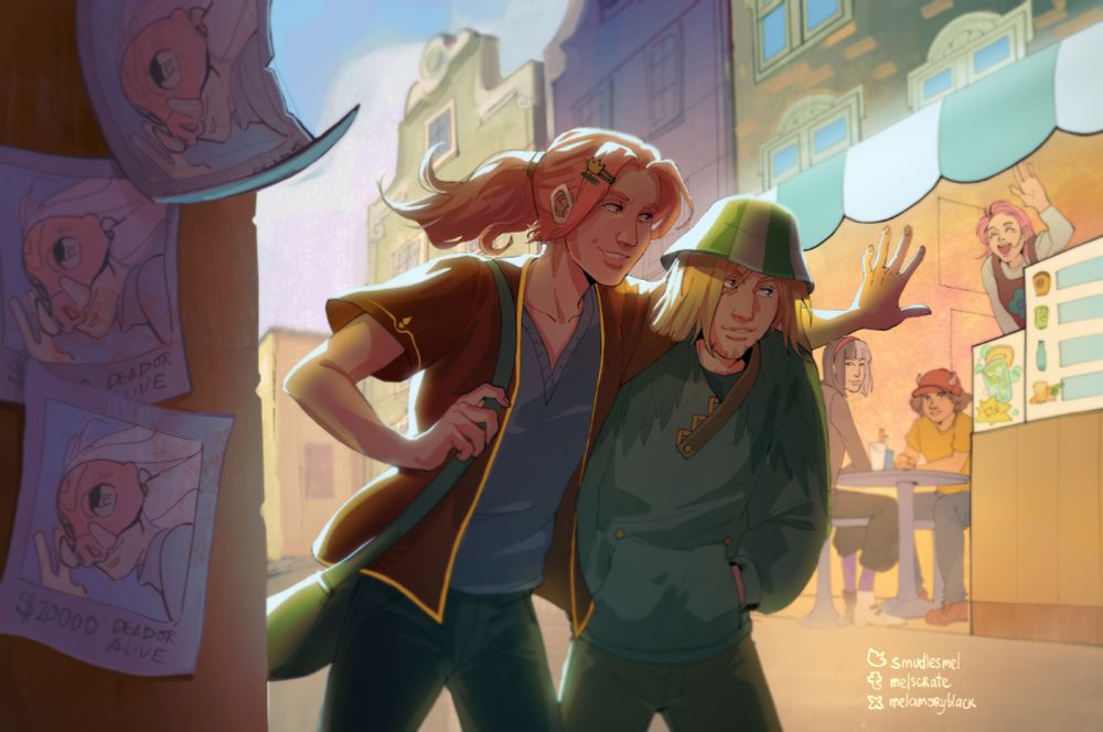Modern!AU Technoblade and Philza walking past the Niki's cafe, you can see the wall on the left with wanted posters of mysterious pig-masked person