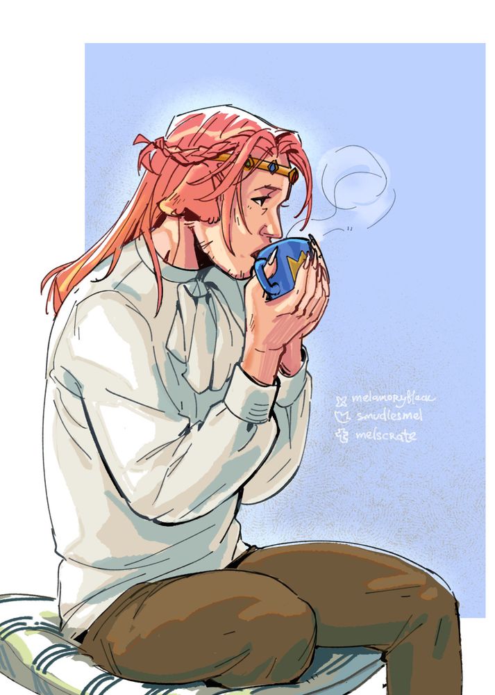 Technoblade in human form sitting on a soft pillow, drinking warm tea from a blue mug